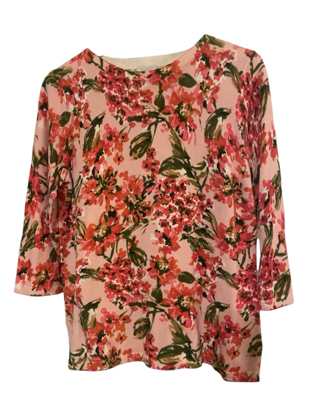 Talbots petite small Sweater Pullover Knit Pink Floral 3/4 Sleeves Crewneck